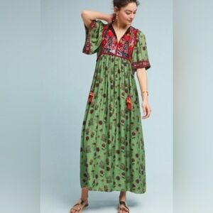 Anthropologie verb basil maxi Green Floral Maxi Dress with Red Embroidered Yoke